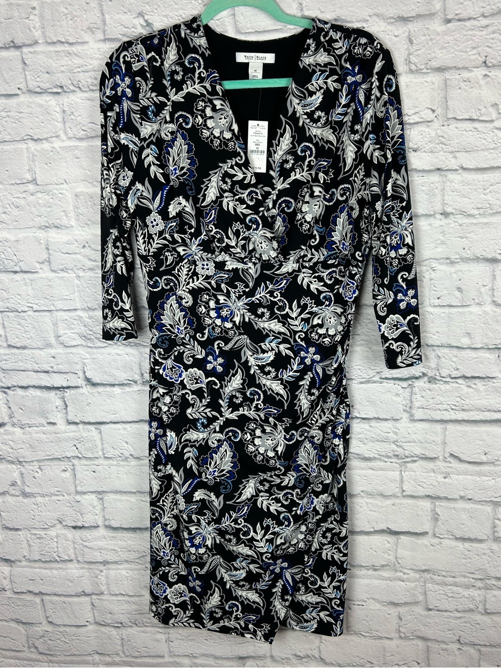 White House Black Market Faux Wrap Dress Black Blue Paisley Floral NWT Medium - Picture 2 of 9